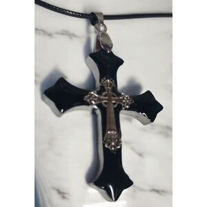 Handmade Black Resin Cross Pendant‎ with Inlaid Silver Metal Cross